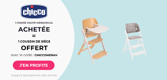 Chicco : Une chaise haute Meraviglia acheté = Un coussin de siège offert