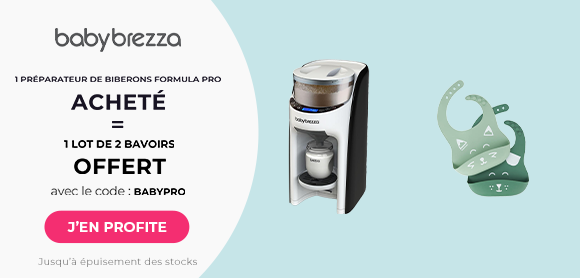 Babybrezza : Un préparateur de biberons Formula Pro acheté = un lot de 2 bavoirs en silicone offert